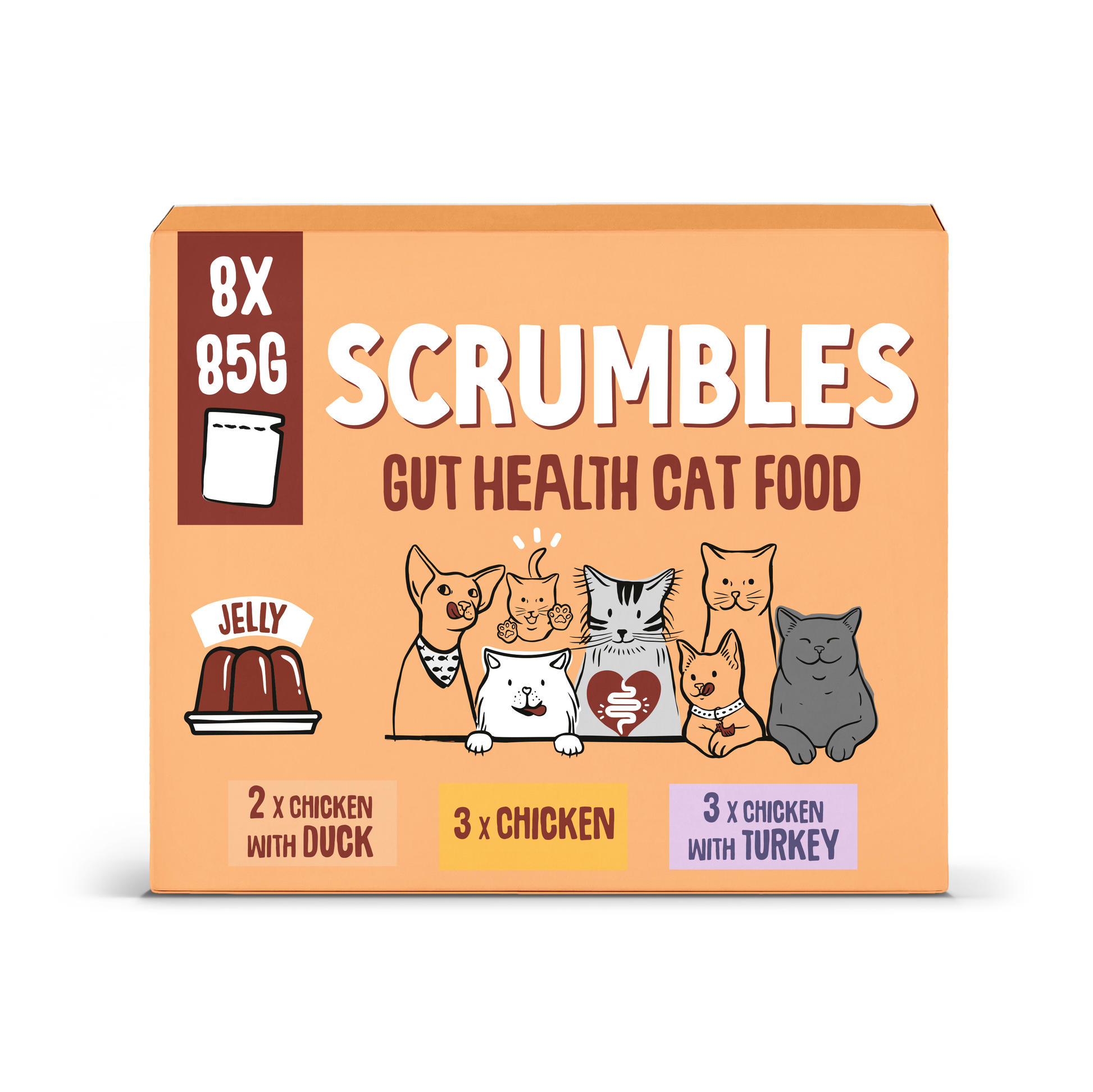 Scrumbles cat food packaging with illustrations of cats and text on a white background