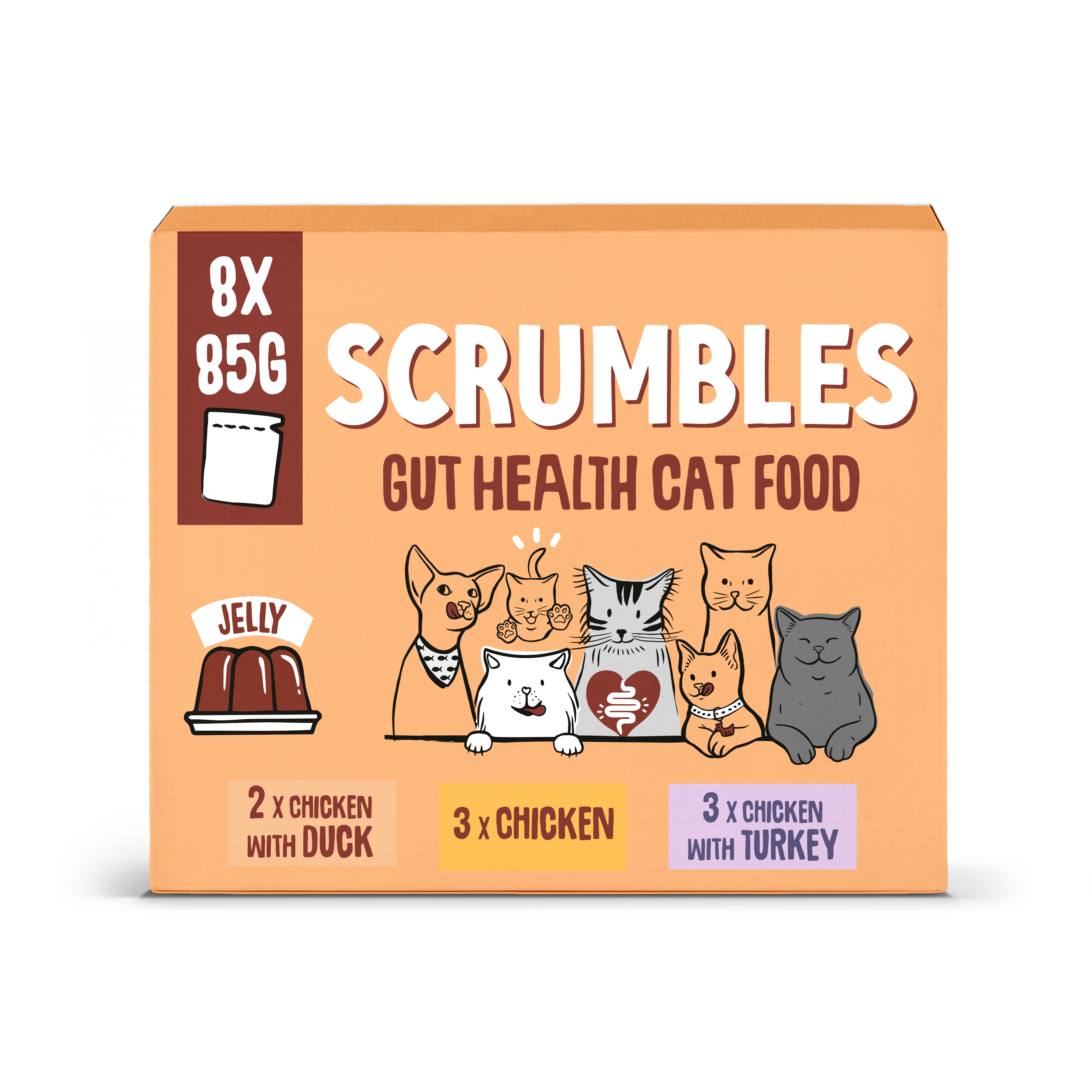 Scrumbles cat food packaging with illustrations of cats and text on a white background