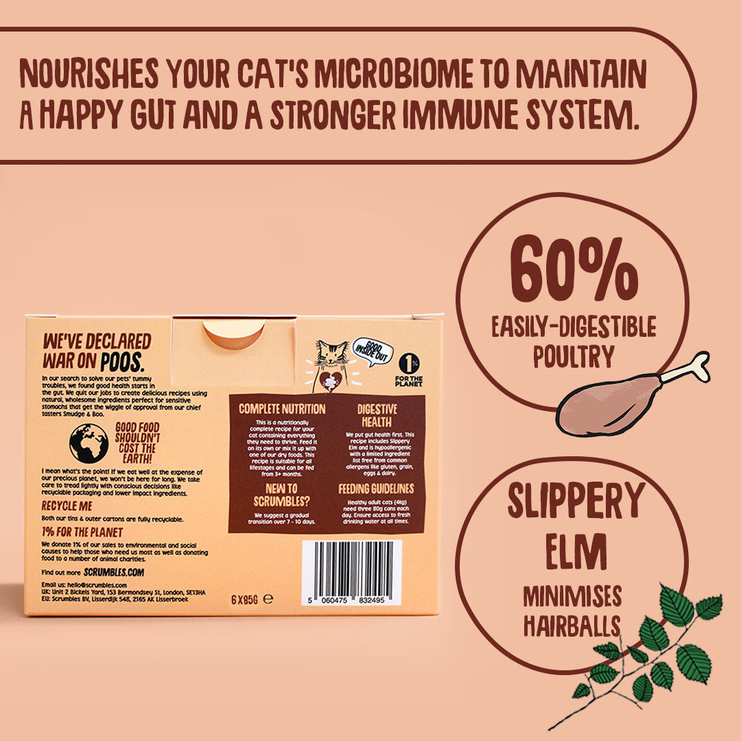 Cat food packaging with text about gut health and ingredients on a beige background