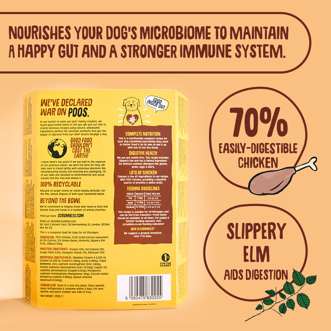 Dog food packaging with text about gut health and ingredients on a beige background