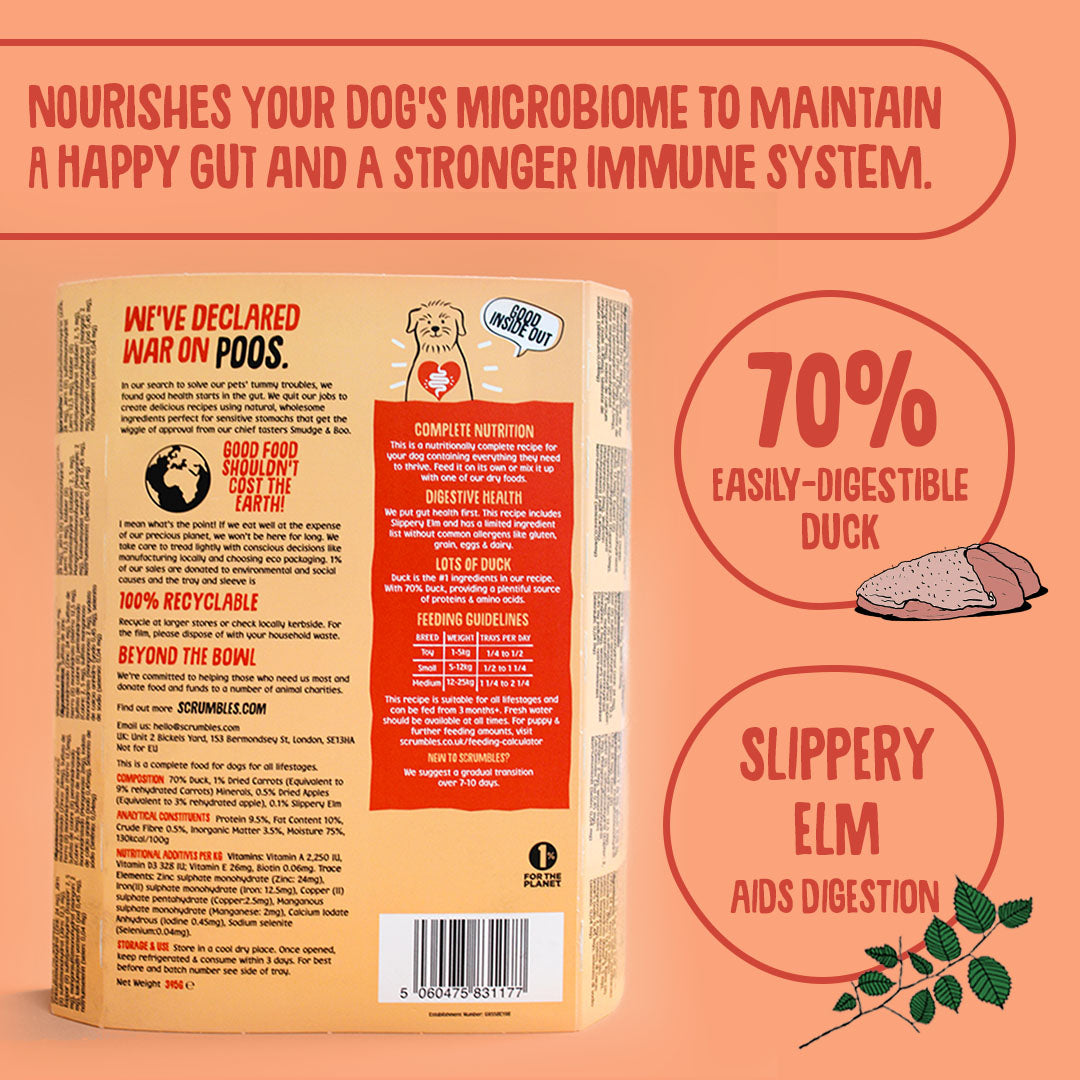 Dog food packaging with text about gut health and ingredients on an orange background