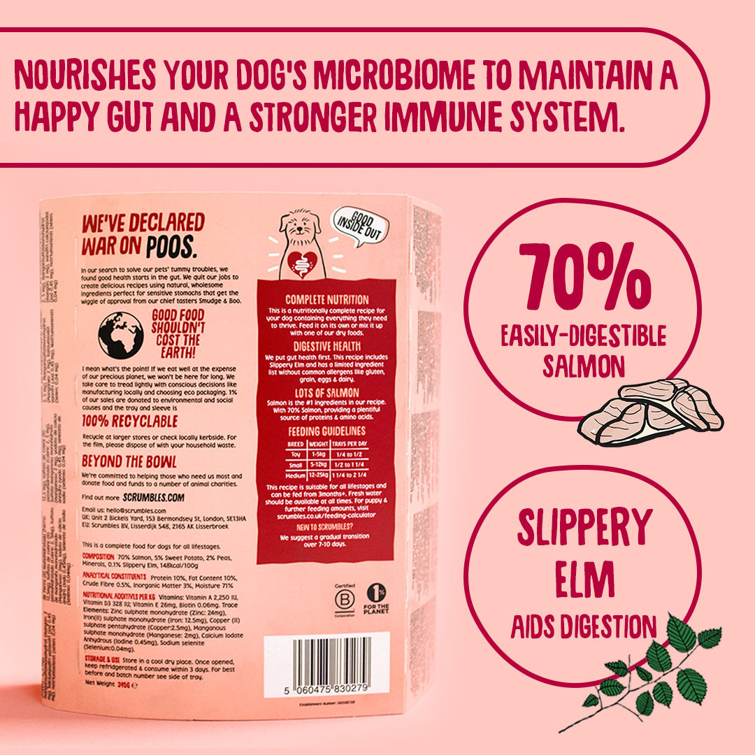 Dog food packaging with text about maintaining a happy gut and stronger immune system.