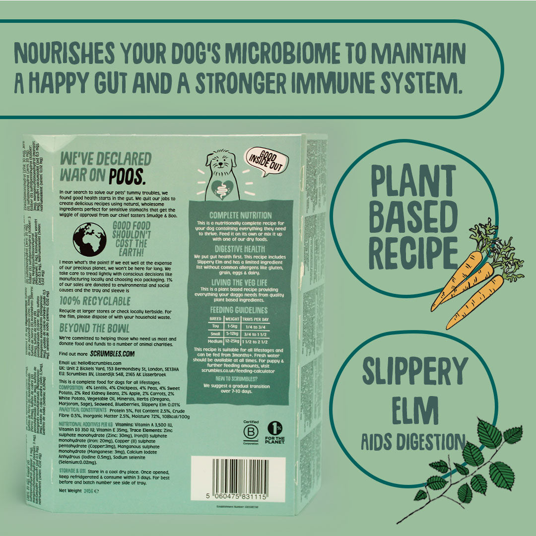 Dog food packaging with text about plant-based recipe and slippery elm benefits on a green background