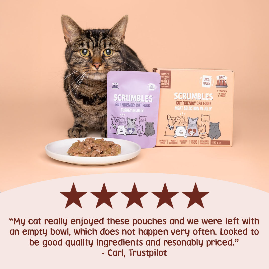 Cat with Scrumbles cat food packaging and a five-star rating from a Trustpilot review.