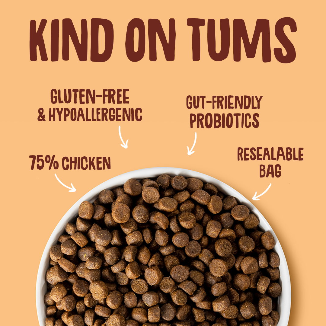 Dog food with features listed on a beige background