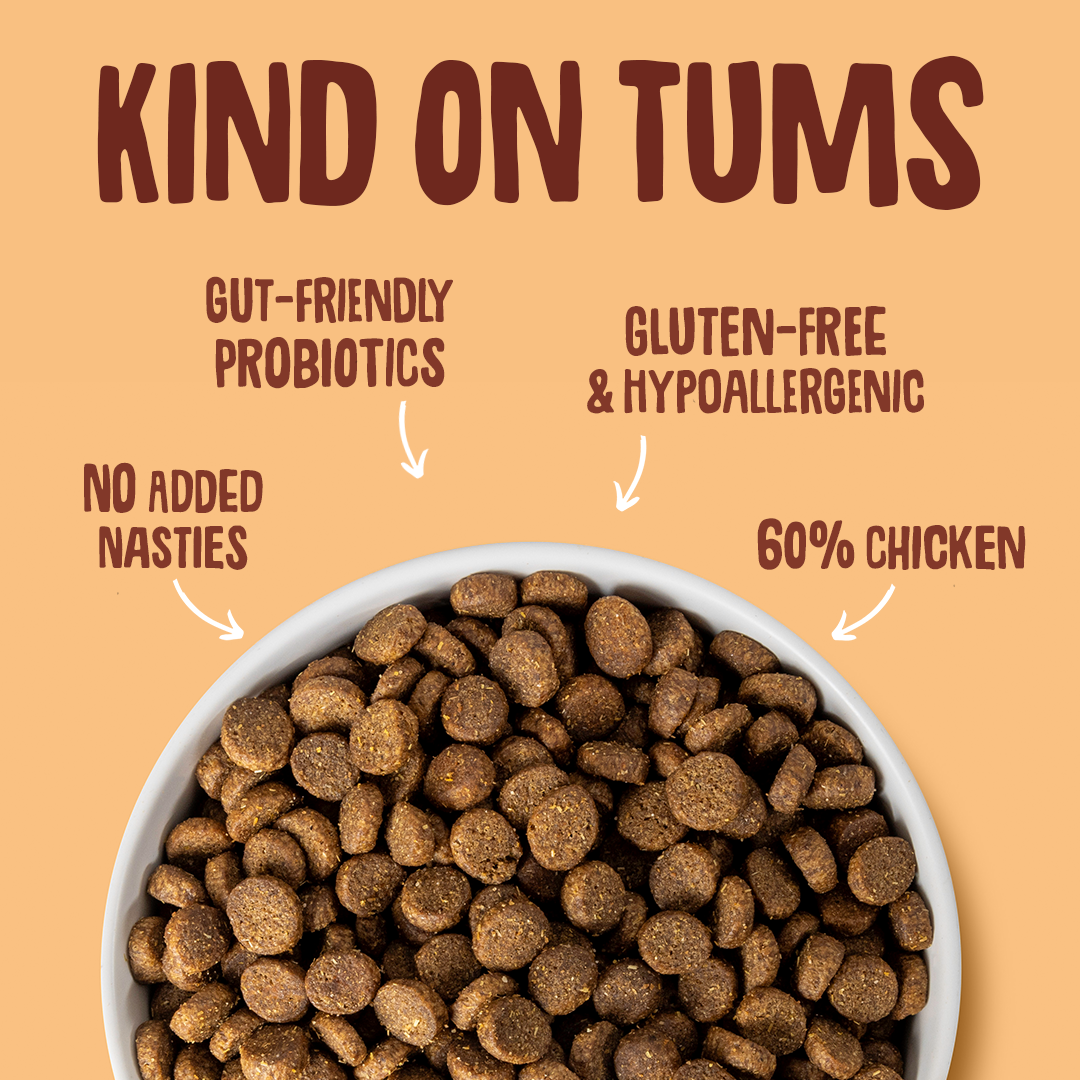 Dog food bowl with text highlighting benefits on a beige background