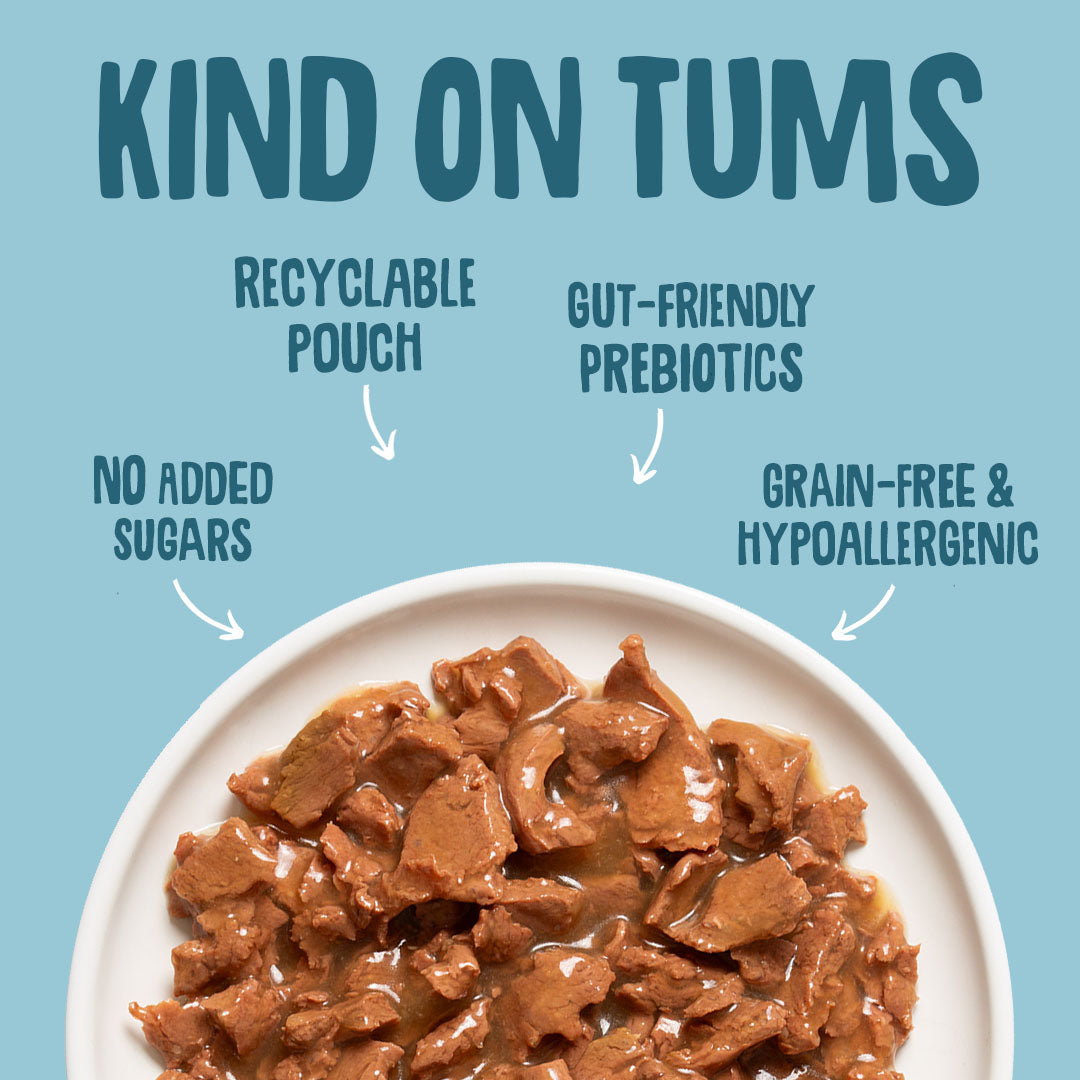 Cat food on a plate with text highlighting features like recyclable pouch, gut-friendly prebiotics, no added sugars, and grain-free & hypoallergenic.