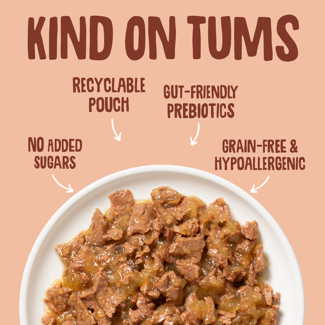 Dog food on a plate with text highlighting features like recyclable pouch, gut-friendly prebiotics, no added sugars, and grain-free & hypoallergenic.