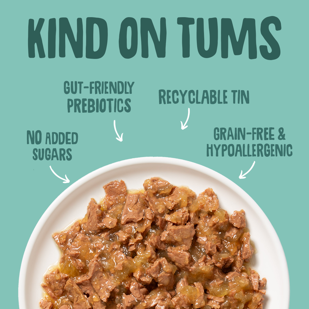 Plate of food with 'Kind on Tums' text highlighting benefits on a teal background