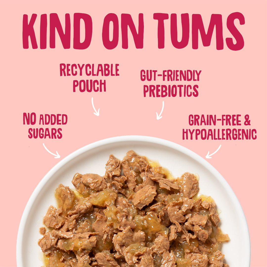 Cat food on a white plate with 'Kind on Tums' text highlighting features on a pink background