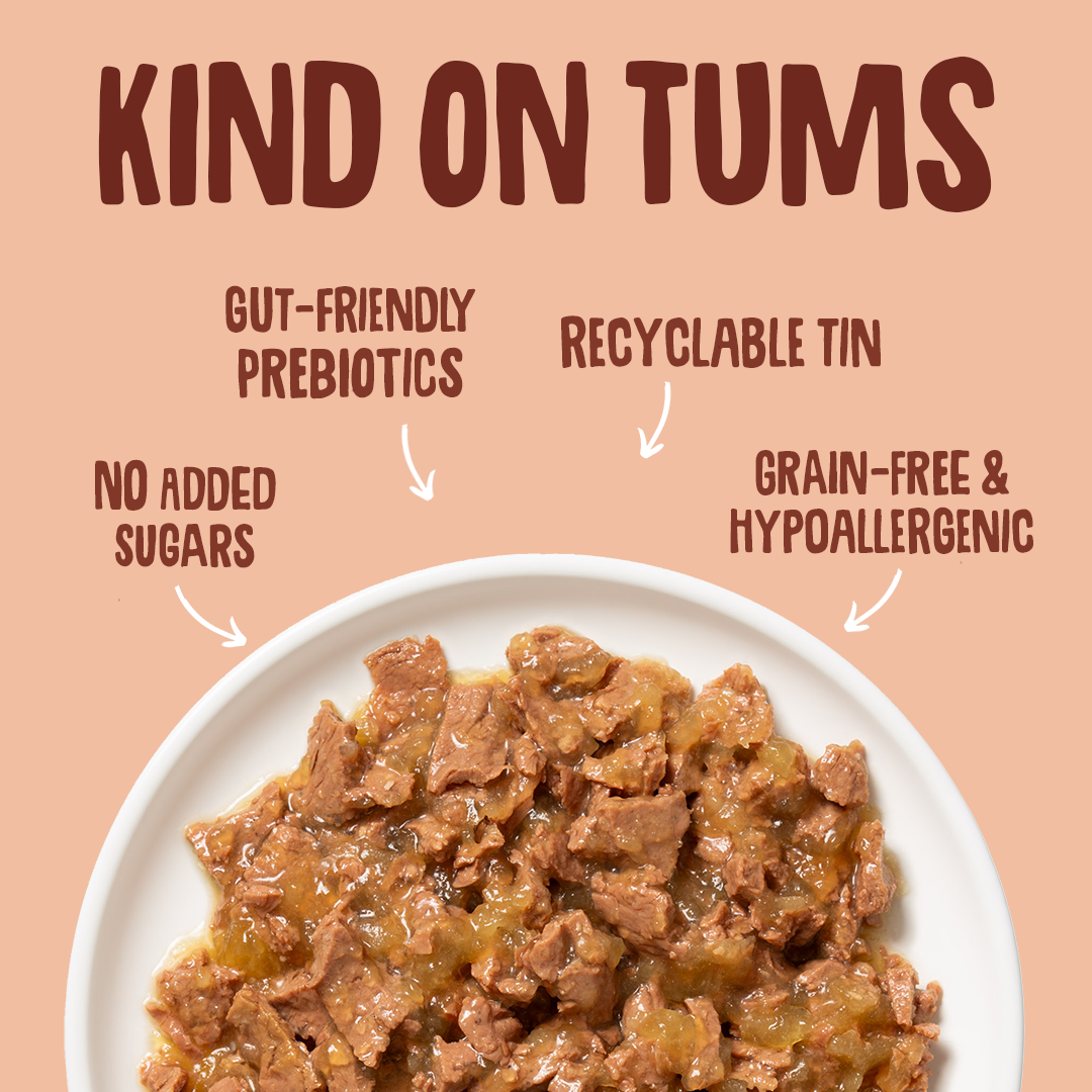 Cat food on a plate with text highlighting features like gut-friendly prebiotics, recyclable tin, no added sugars, and grain-free & hypoallergenic.