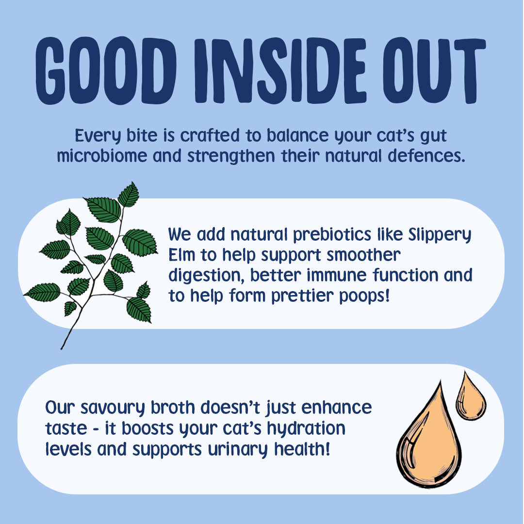 Advertisement for a cat supplement with text and images of slippery elm leaves and droplets on a blue background.