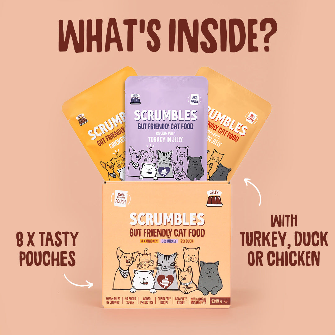 Scrumbles cat food packaging with text on a beige background