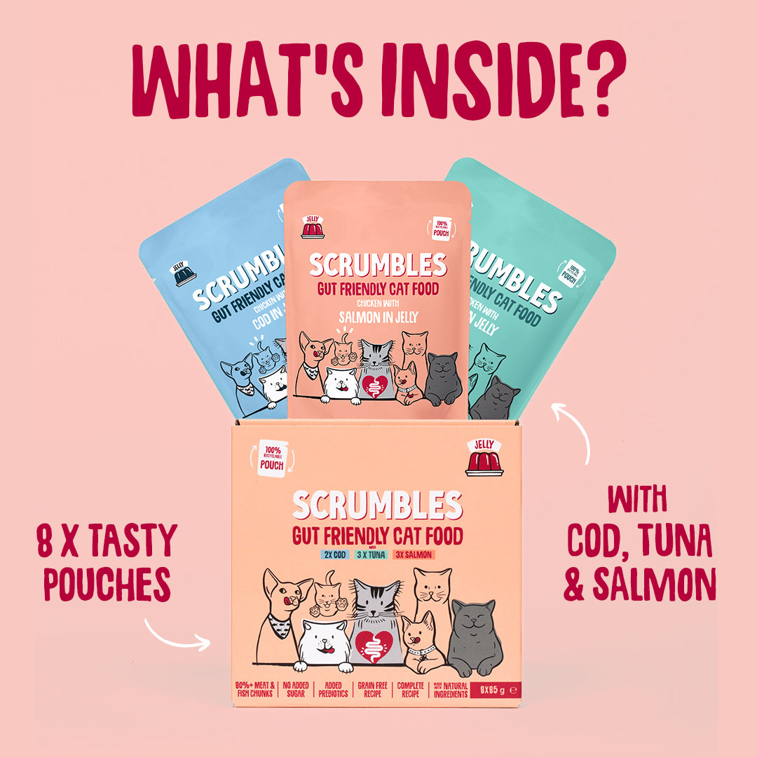 Scrumbles cat food packaging with text on a pink background