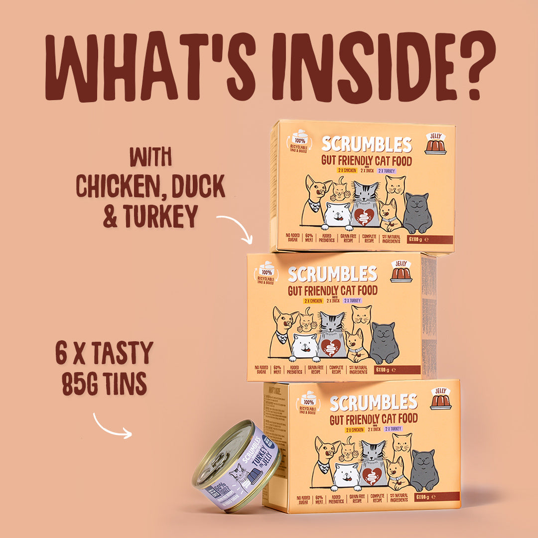 Scrumbles cat food packaging with text on a beige background