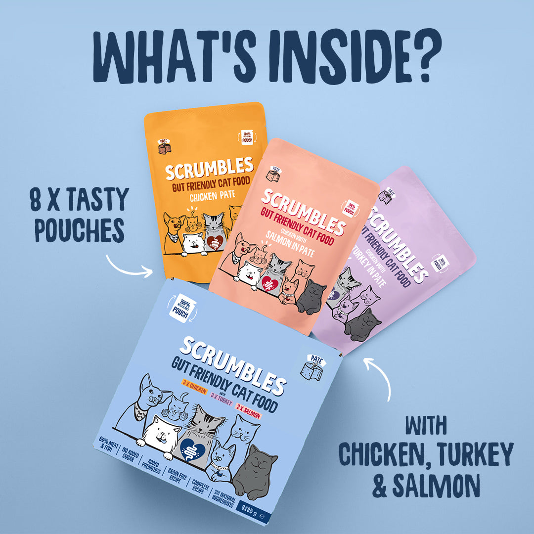 Scrumbles cat food packages on a blue background with text indicating contents.