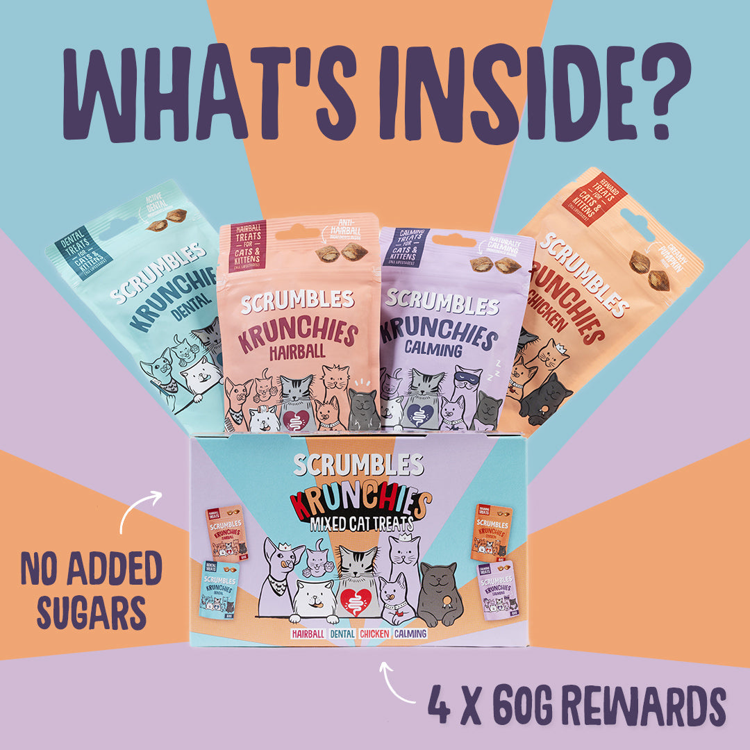 Promotional image of Scrumbles Krunchies cat treats with packaging and text on a colorful background.