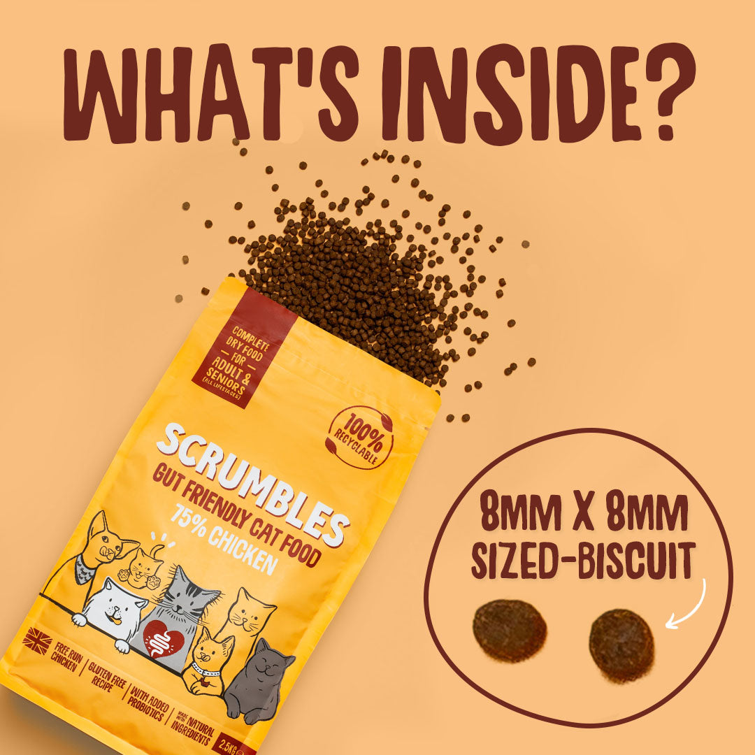 Scrumbles cat food package with text about biscuit size on a beige background