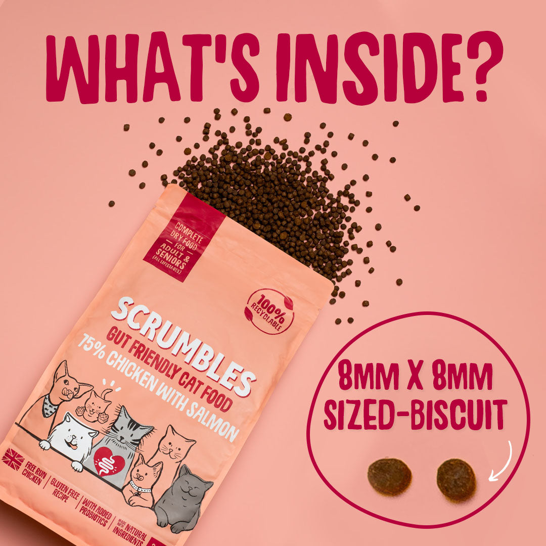 Scrumbles cat food package with text about biscuit size on a pink background