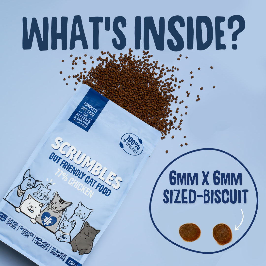 Scrumbles cat food packaging with text about biscuit size on a light blue background