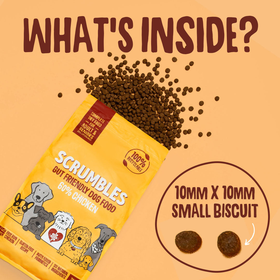 Dog food packaging with visible ingredients and product details on a beige background