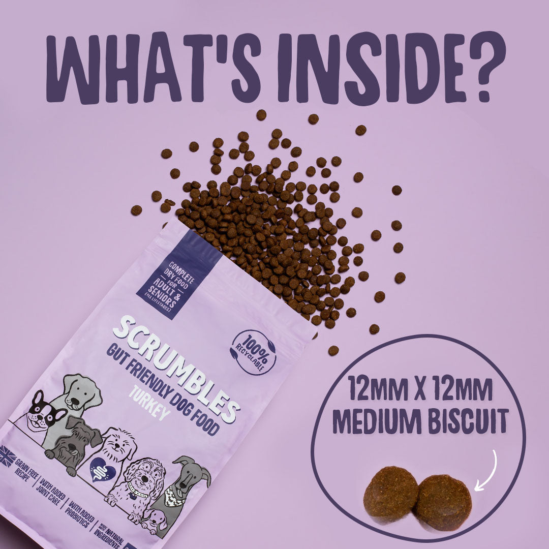 Dog food packaging with visible dog biscuits and text on a purple background