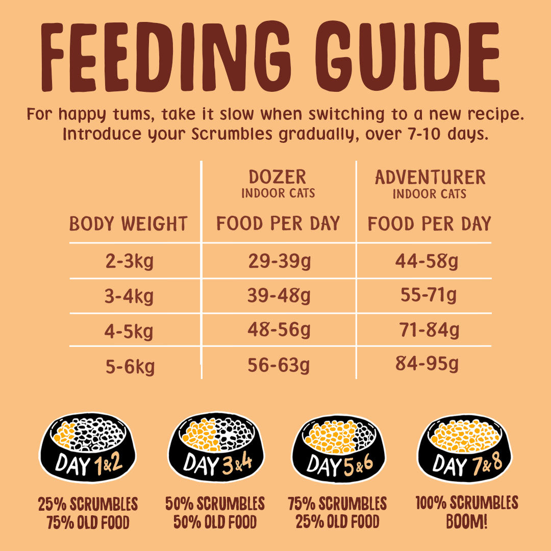 Feeding guide for Scrumbles cat food with body weight recommendations and food quantity per day.