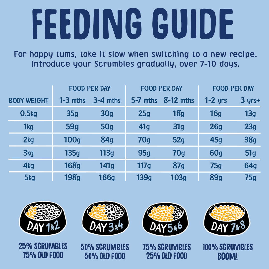 Feeding guide for Scrumbles pet food with body weight and daily food quantity recommendations.
