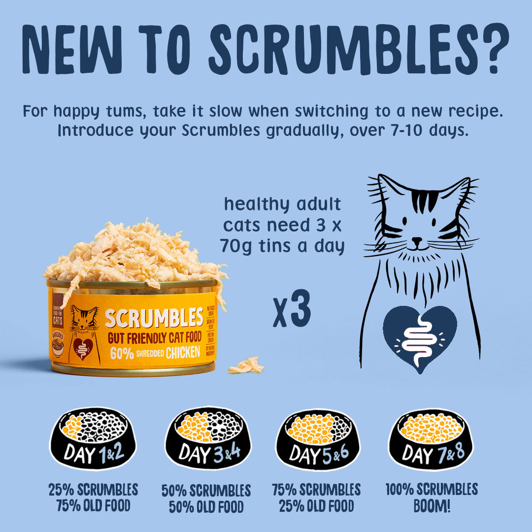 Scrumbles cat food packaging with instructions on introducing new food to cats, on a blue background.