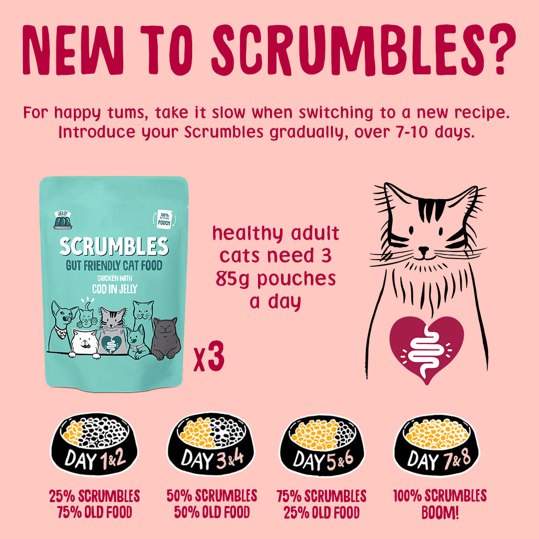 Scrumbles cat food packaging with feeding instructions on a pink background