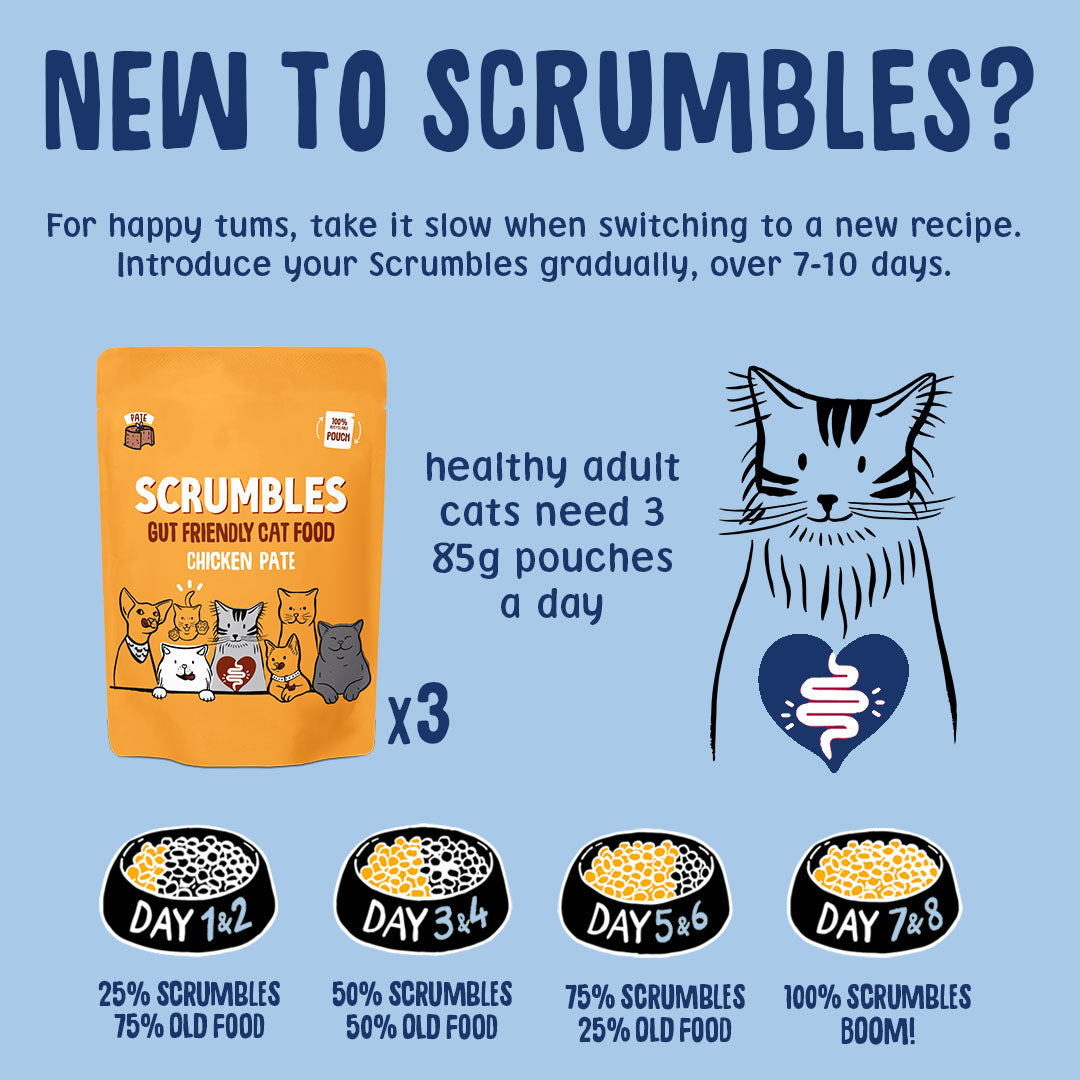 Scrumbles cat food packaging with feeding instructions on a blue background