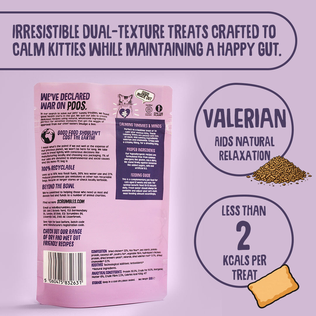 Cat treat packaging with text about calming effects and valerian content on a purple background