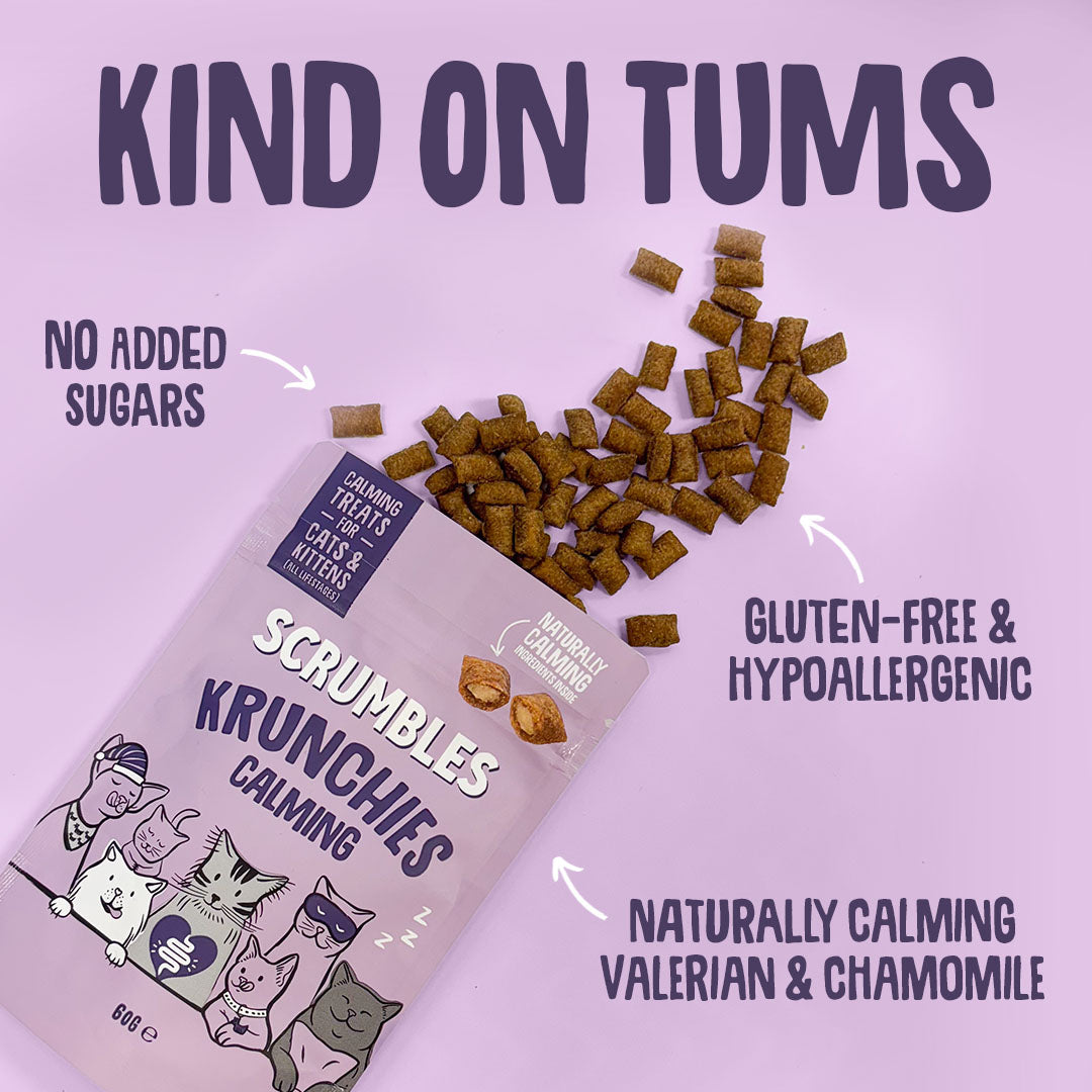 Cat treats packaging with text highlighting benefits on a light purple background