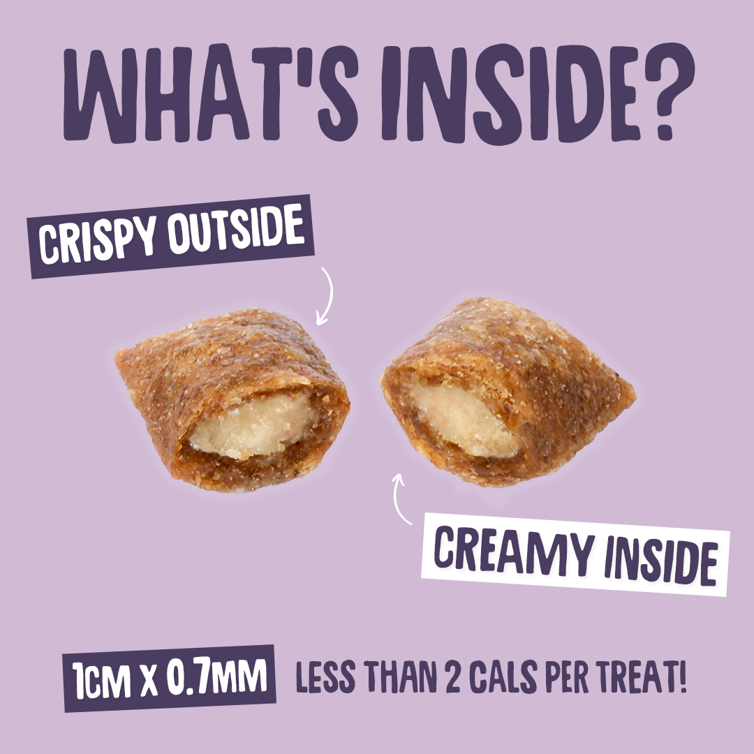 Two treats with text indicating 'Crispy Outside' and 'Creamy Inside' on a purple background.