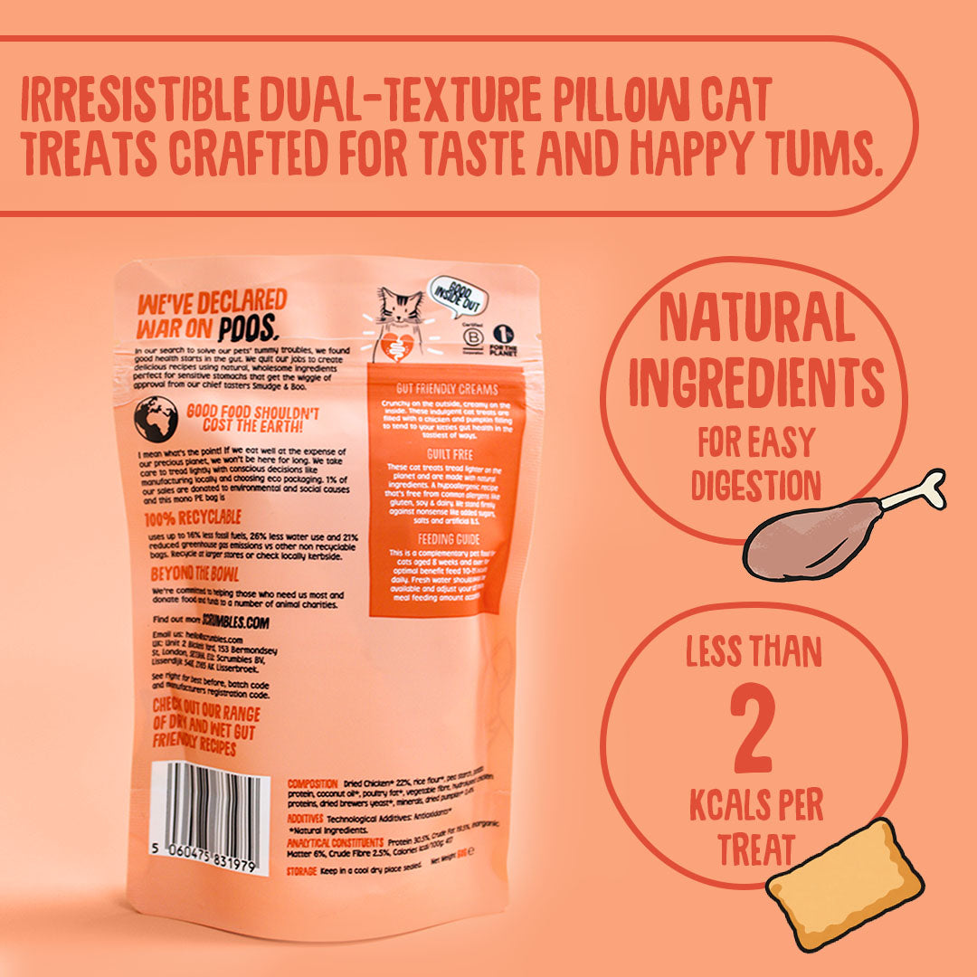 Cat treat packaging with text about dual-texture pillow treats on an orange background