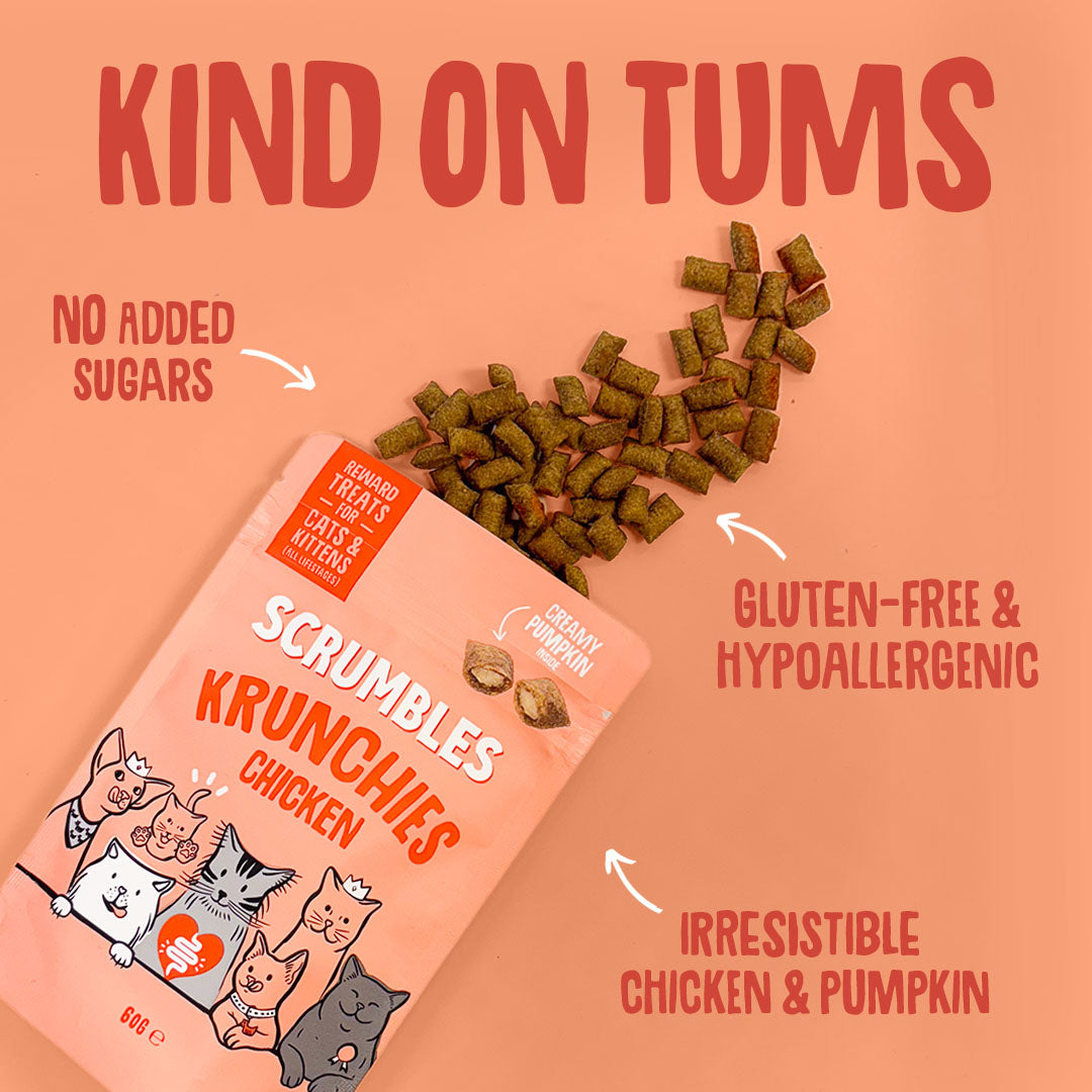 Cat treats packaging with text highlighting features on a peach background