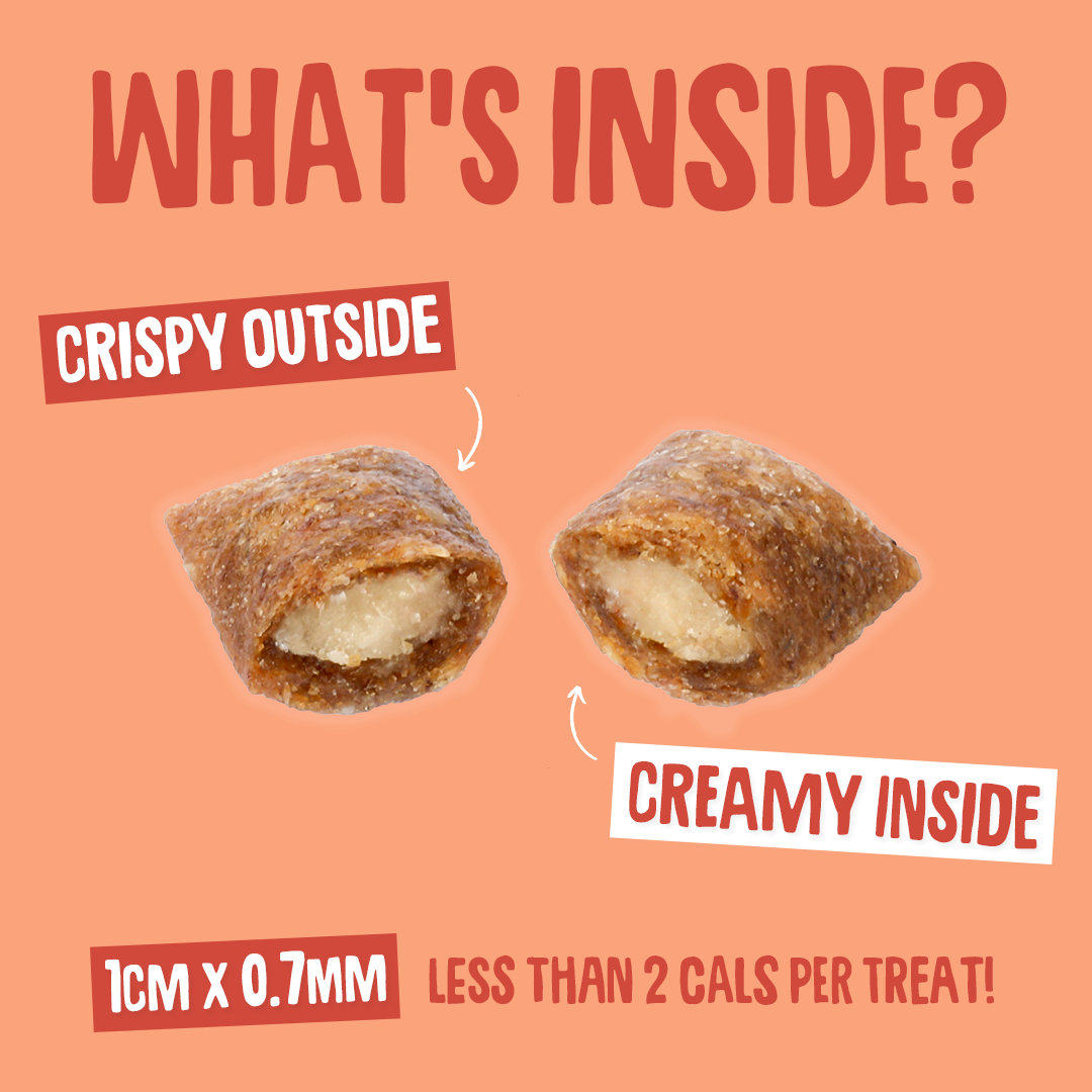 Product packaging with 'What's Inside?' text, showing crispy outside and creamy inside on a peach background.