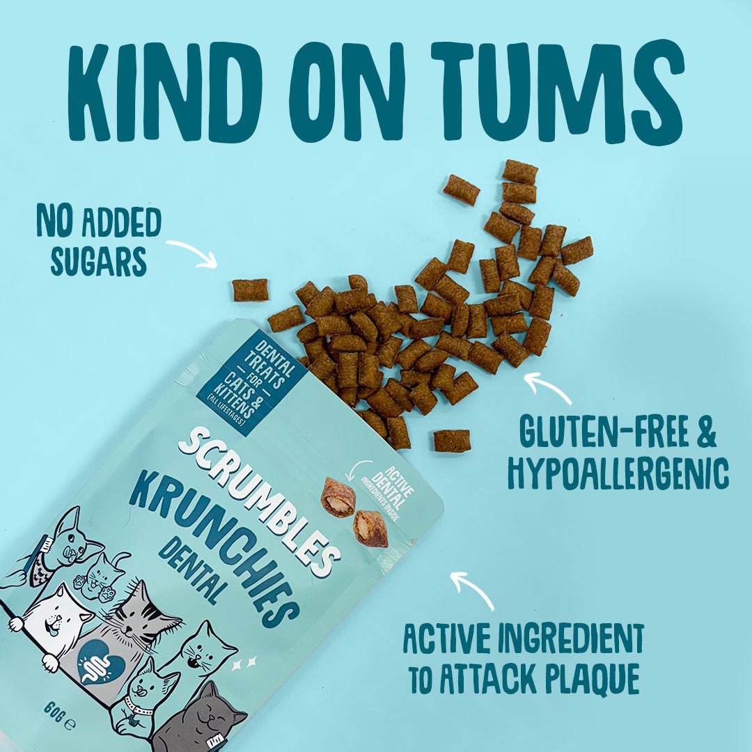 Cat treats packaging with text highlighting features on a blue background