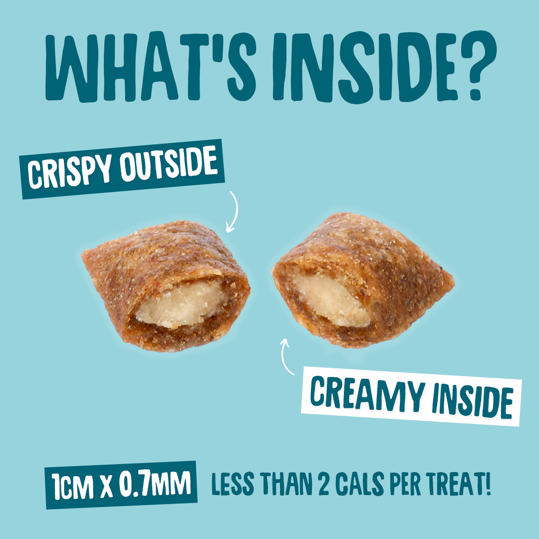 Two treats with text indicating 'Crispy Outside' and 'Creamy Inside' on a blue background.