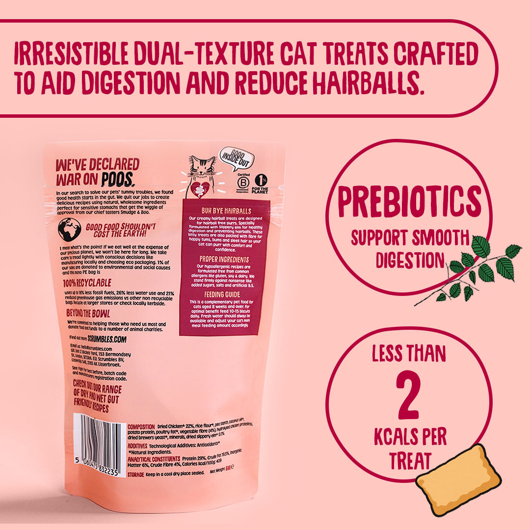 Cat treat packaging with text about dual-texture treats for digestion and hairballs on a pink background.