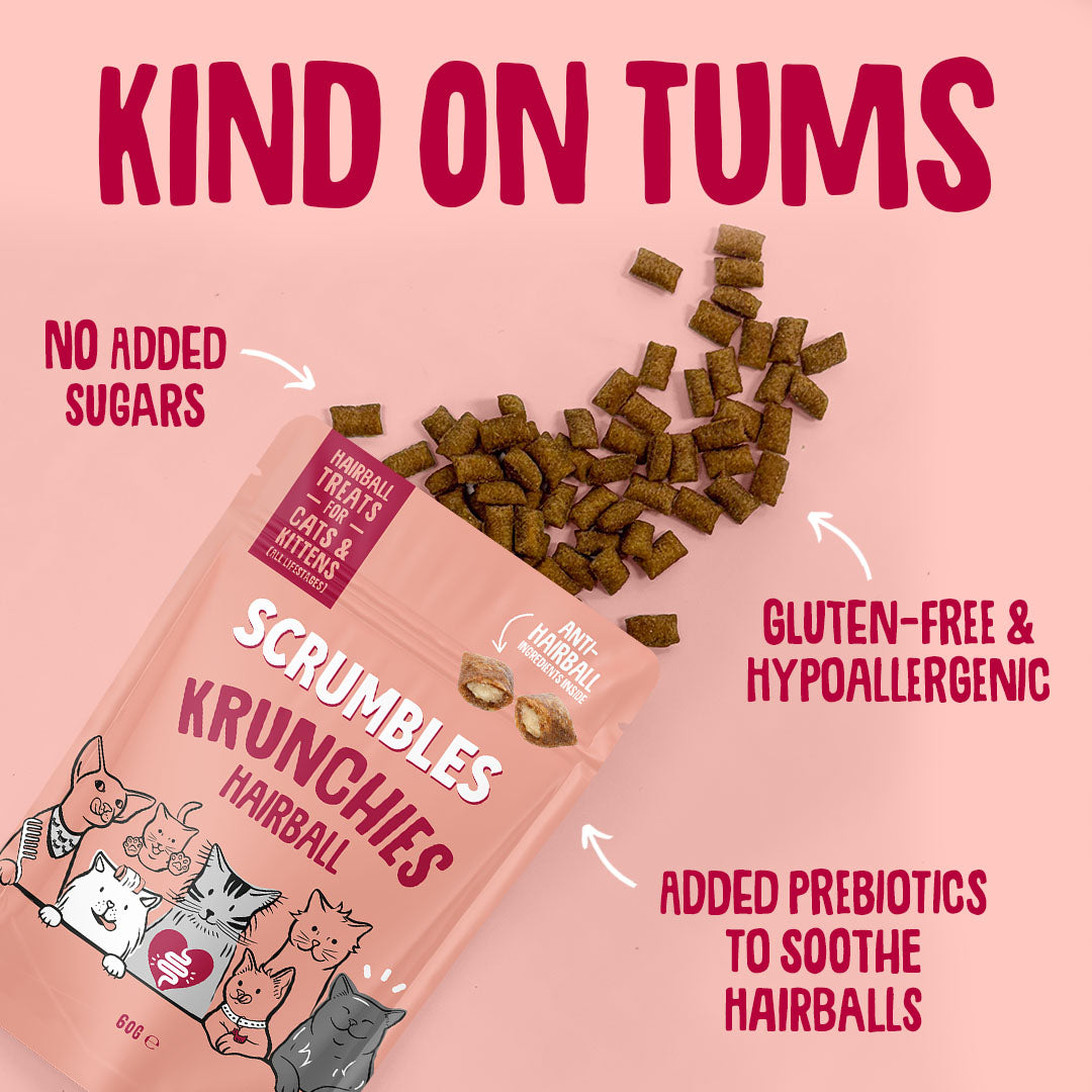 Cat food packaging with text highlighting features on a pink background