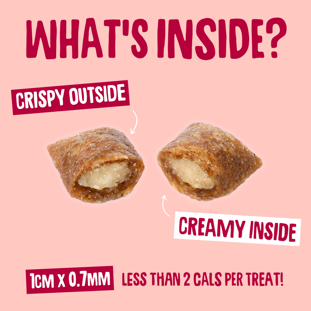 Product with 'What's Inside?' text on a pink background, showing crispy outside and creamy inside.