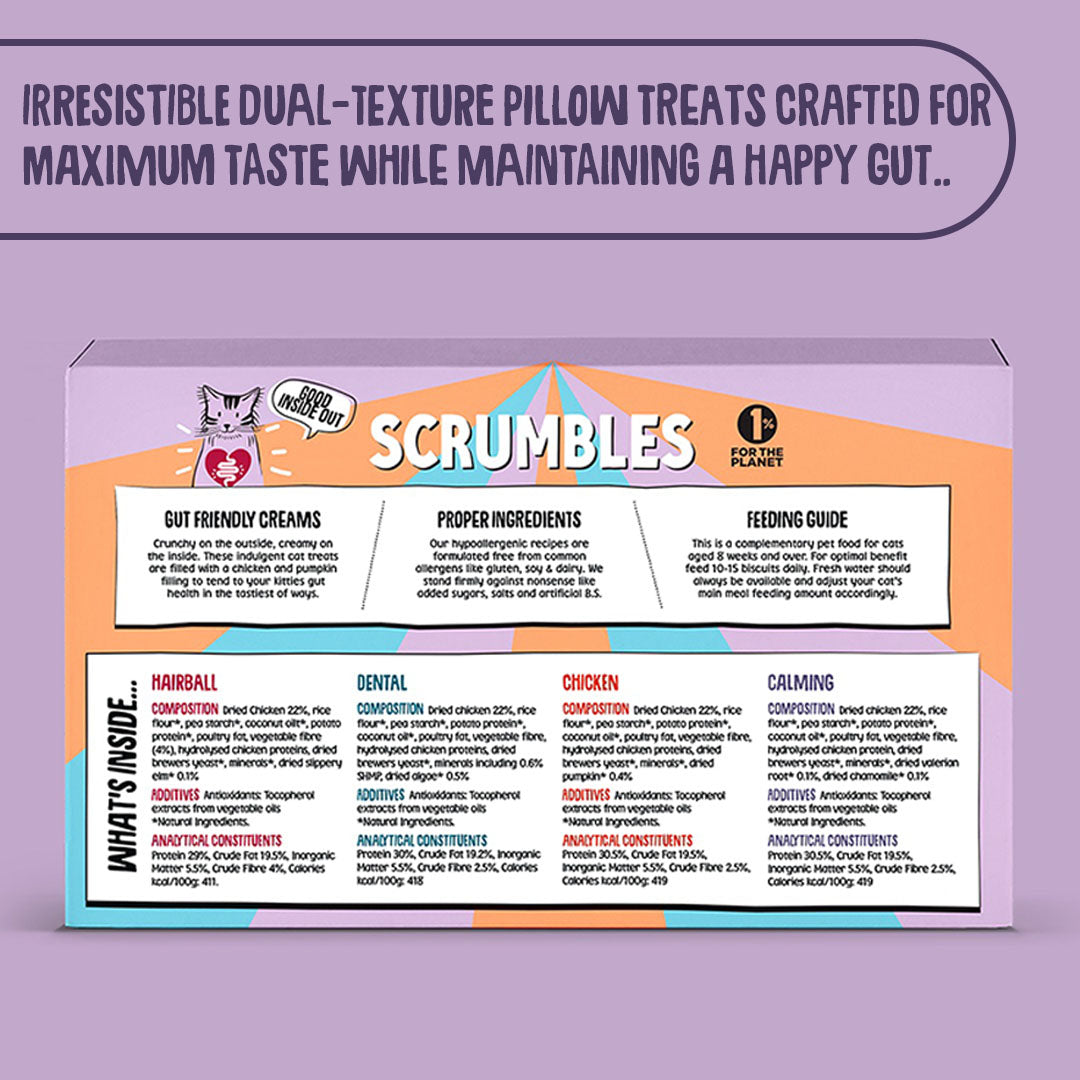 Scrumbles cat food packaging with text on a purple background