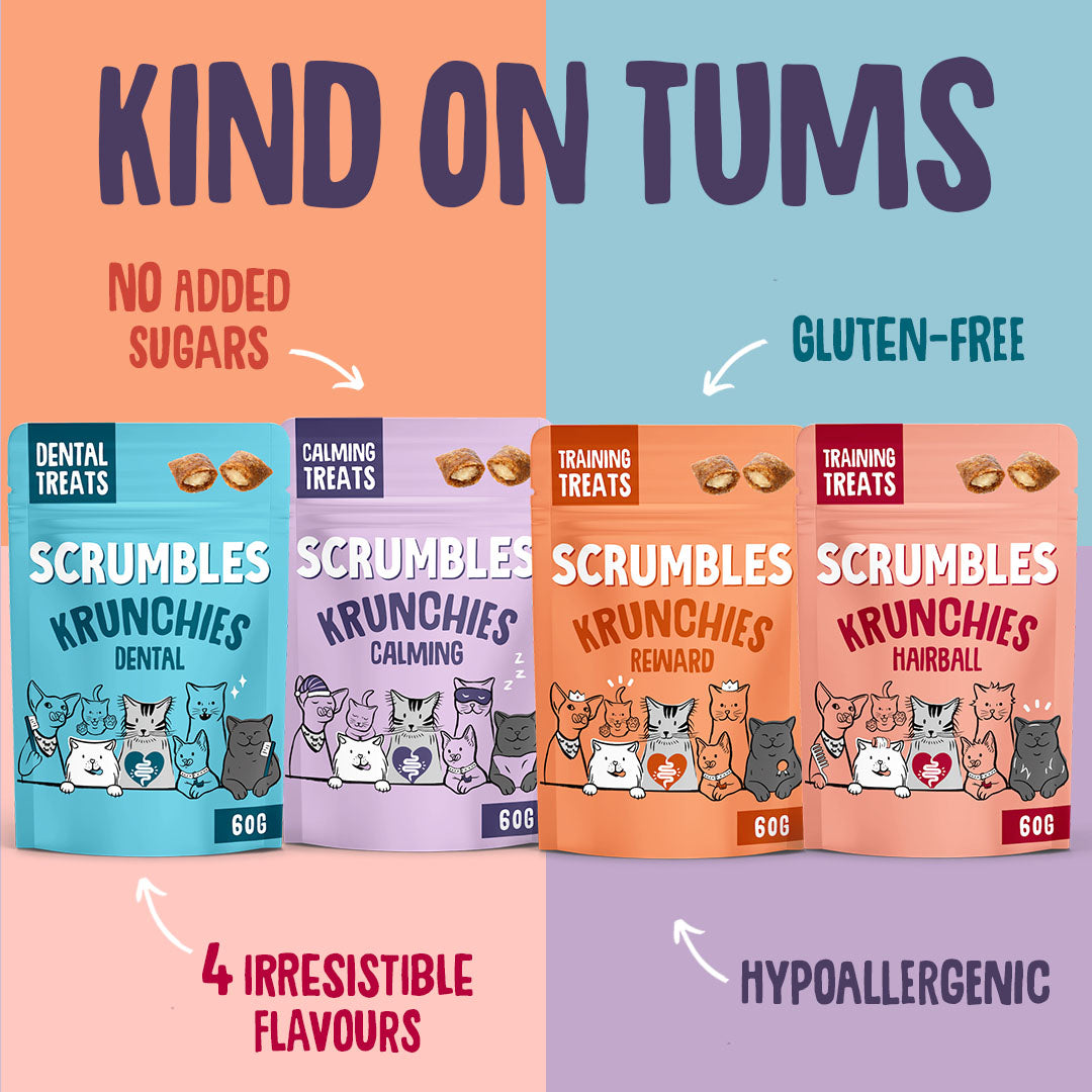 Scrumbles cat treats packaging with flavor and feature text on a two-tone background.