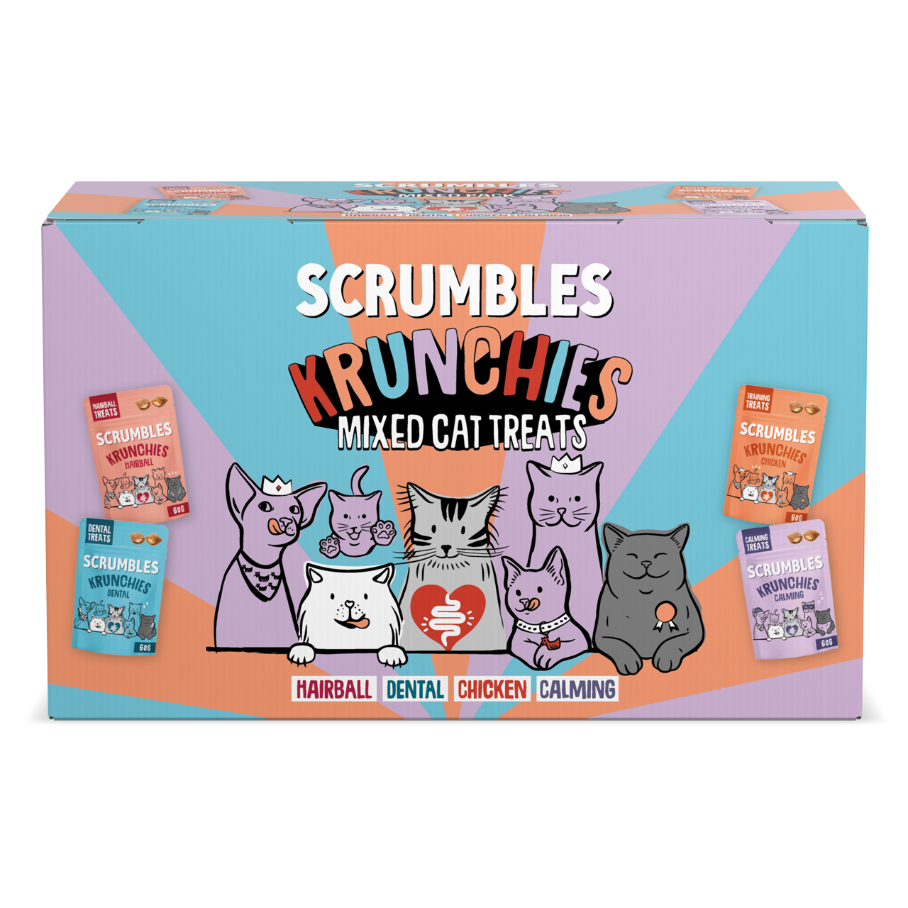 Box of Scrumbles Krunchies mixed cat treats with cartoon cats on a colorful background
