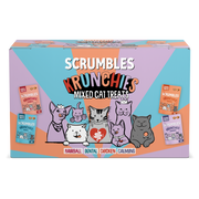 Box of Scrumbles Krunchies mixed cat treats with cartoon cats on a colorful background