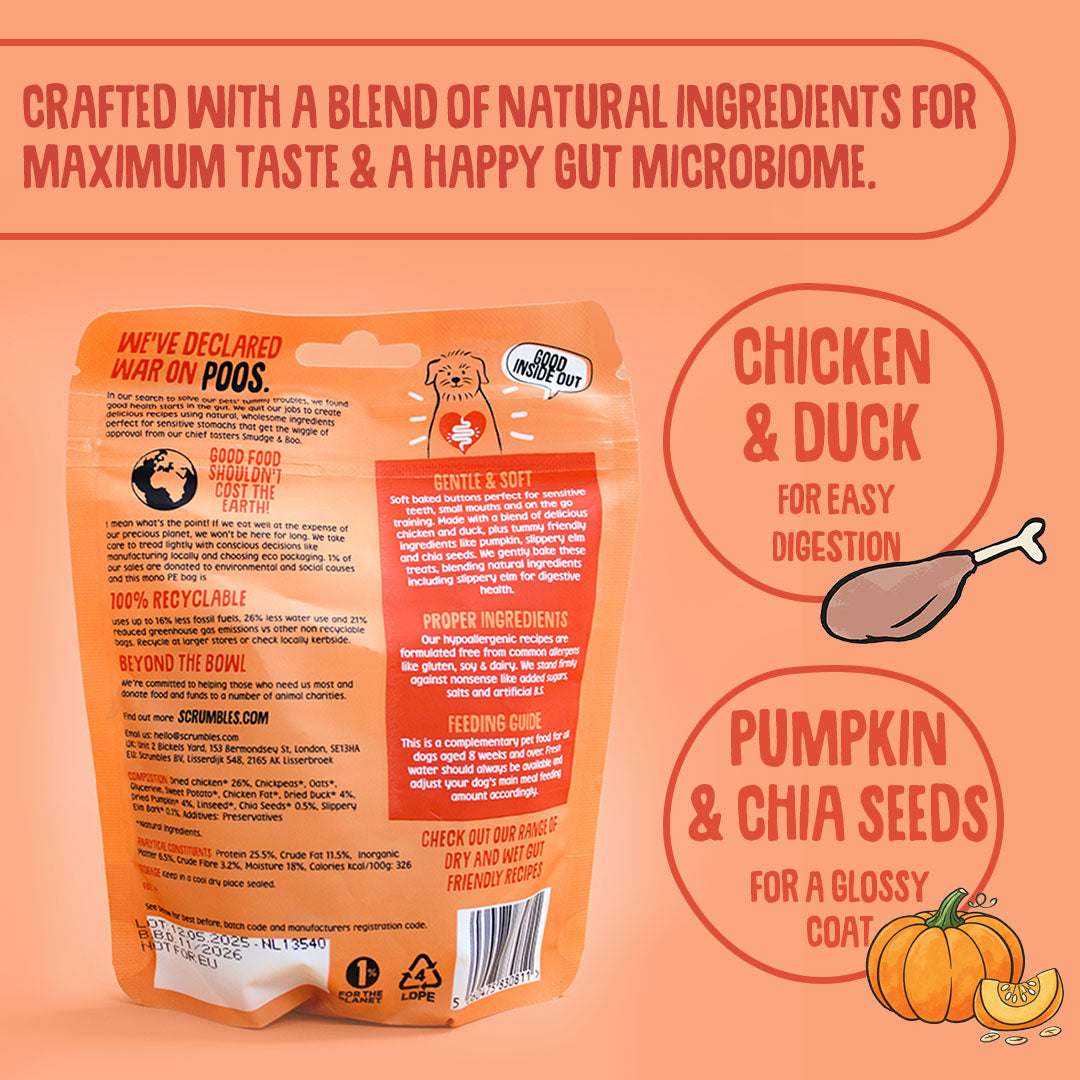 Dog treats packaging with text about natural ingredients on an orange background