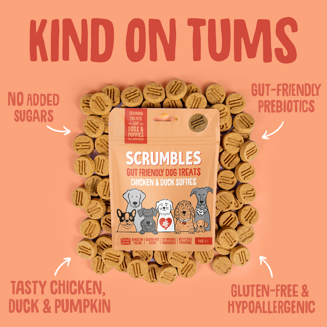 Scrumbles dog treats packaging with text highlighting features on a peach background