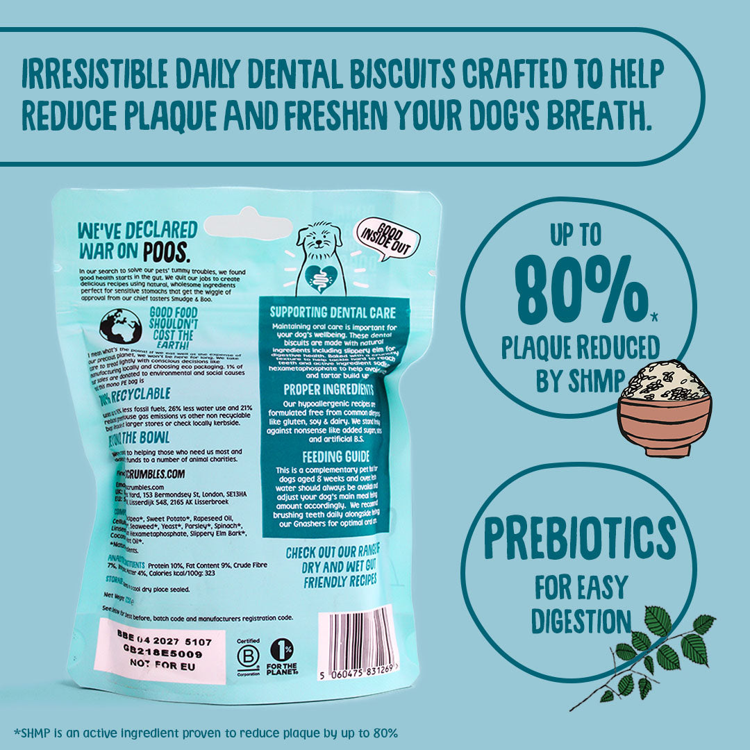 Dog treat packaging with text about dental benefits and ingredients on a blue background