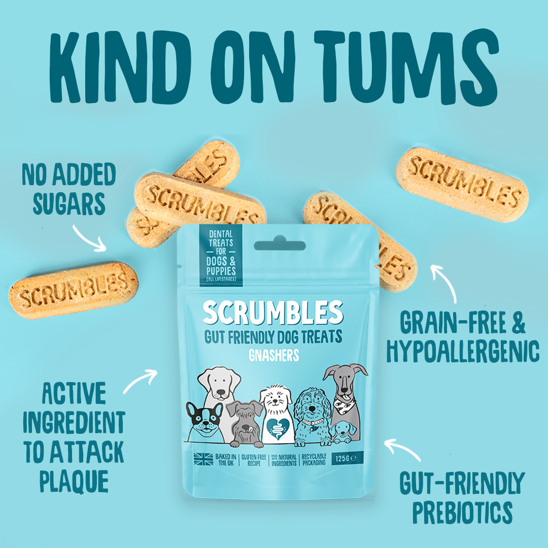Scrumbles dog treats packaging with text highlighting features on a blue background